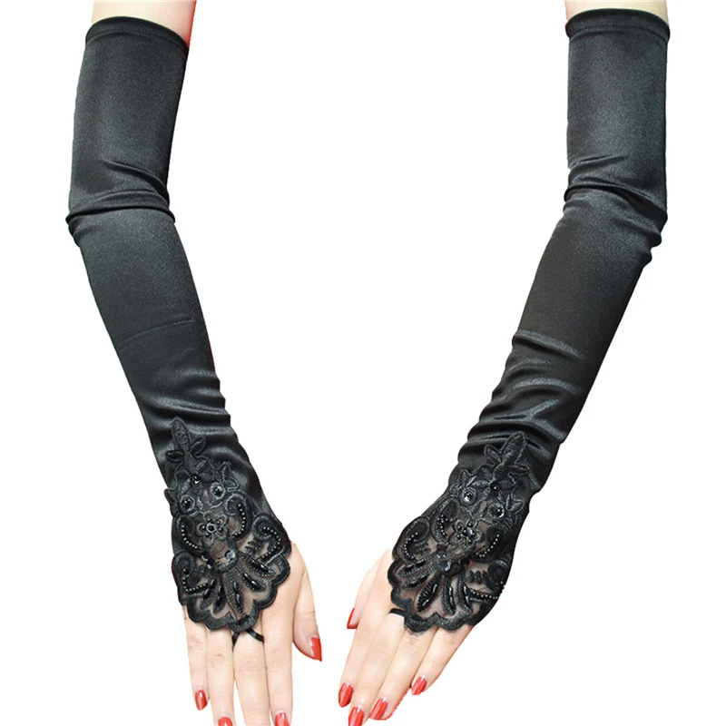 Guantes de dedo de gancho de bordado de encaje Sexy de satén de 43cm de largo para mujer, fiesta Retro, conducción de etiqueta, Cosplay, cena, baile, mitones