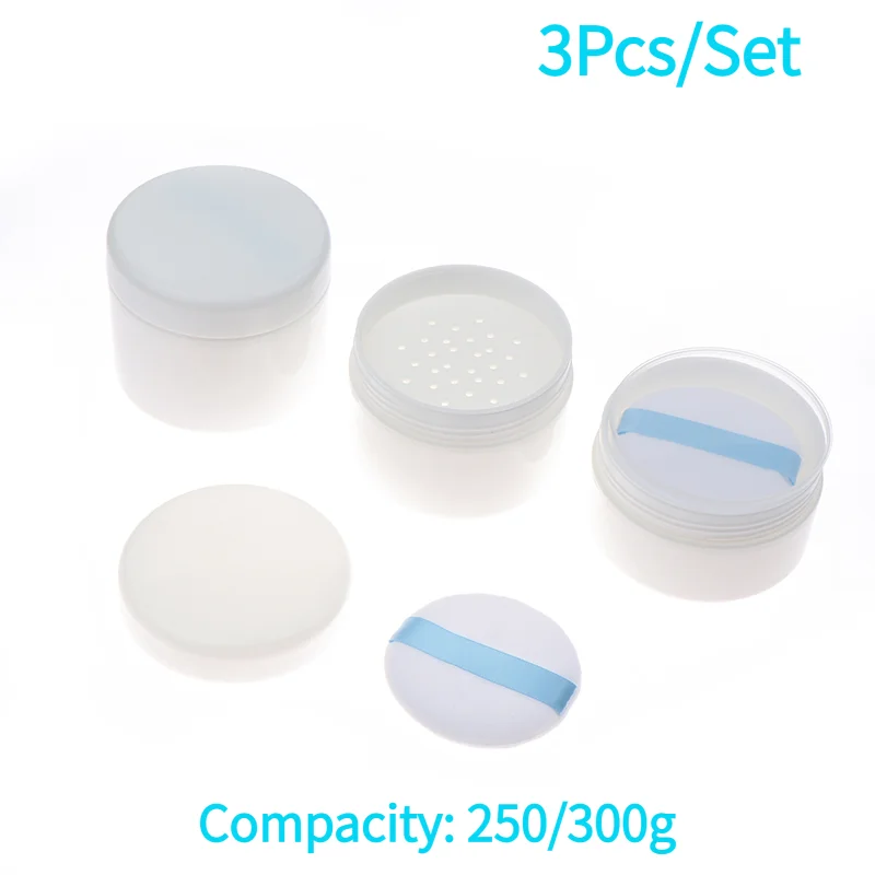Juego de 3 piezas de estuches vacíos para polvos sueltos de 30/250/300g, dispensador de polvo fijador, polvo de miel y polvos tonificantes, con borla y tapa con tamizador.