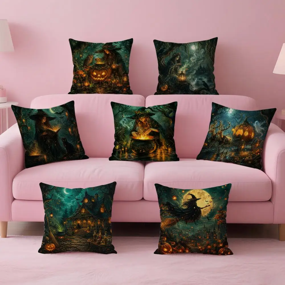 Dark Magical Halloween Witch Pumpkin Forest Cushion Cover Comfortable Double Sided Pillow Cover For Car Sofa Bedroom & More