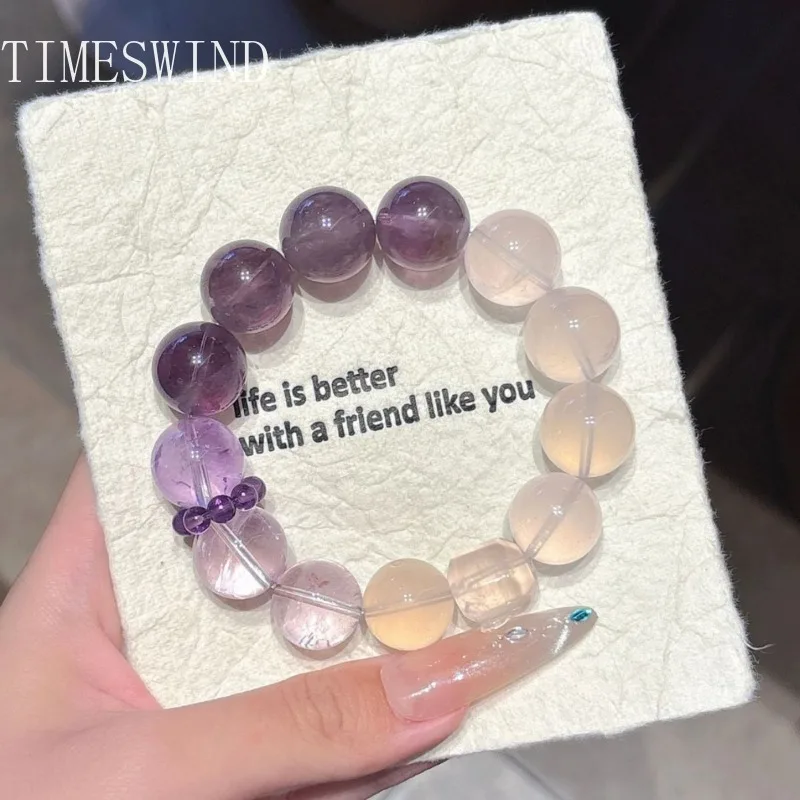 

TIMESWIND Authentic Purple Crystal Natural Pink Round Beaded Block Bracelet Women Gift Fine Jewelry with Certificate