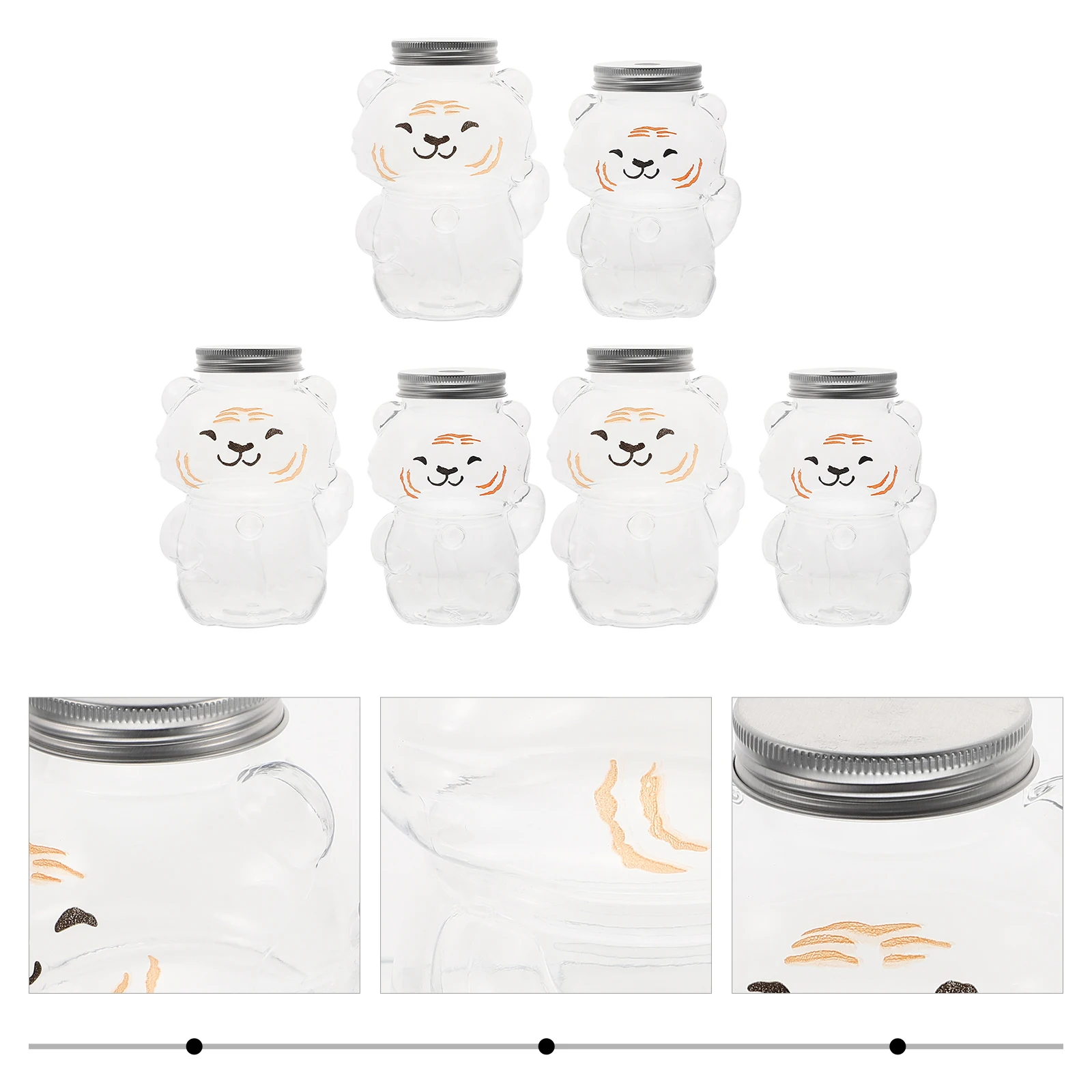 

6Pcs Adorable Milk Bottles Creative Tiger Illustration Cold Drink Flasks Transparent Plastic Drink Containers With Sealed Lids