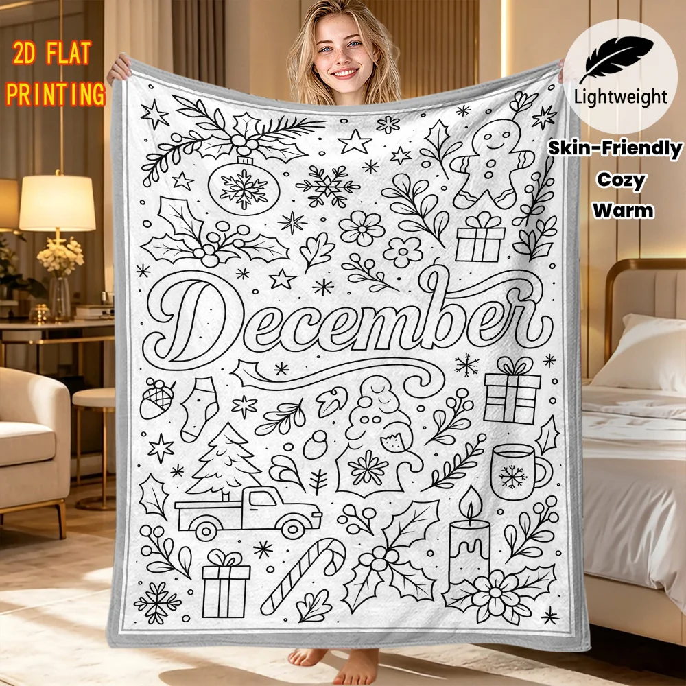 Bedroom Decor Coloring Blanket Xmas Train Snowy Pine Forest Pattern DIY blanket Flannel Hand Drawing Unique Holiday Present
