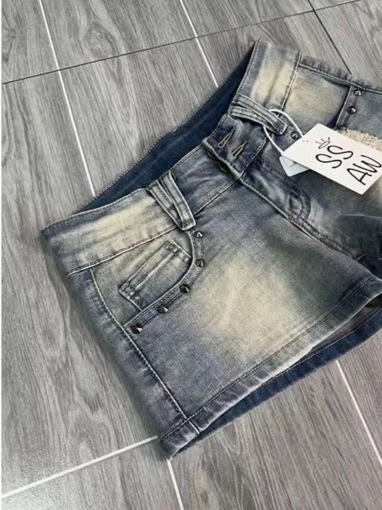HOUZHOU Vintage Y2k Denim Shorts Women Sexy Blue Gothic Low Waist Shorts Female Punk Retro Summer Streetwear Short Jeans Slim Up