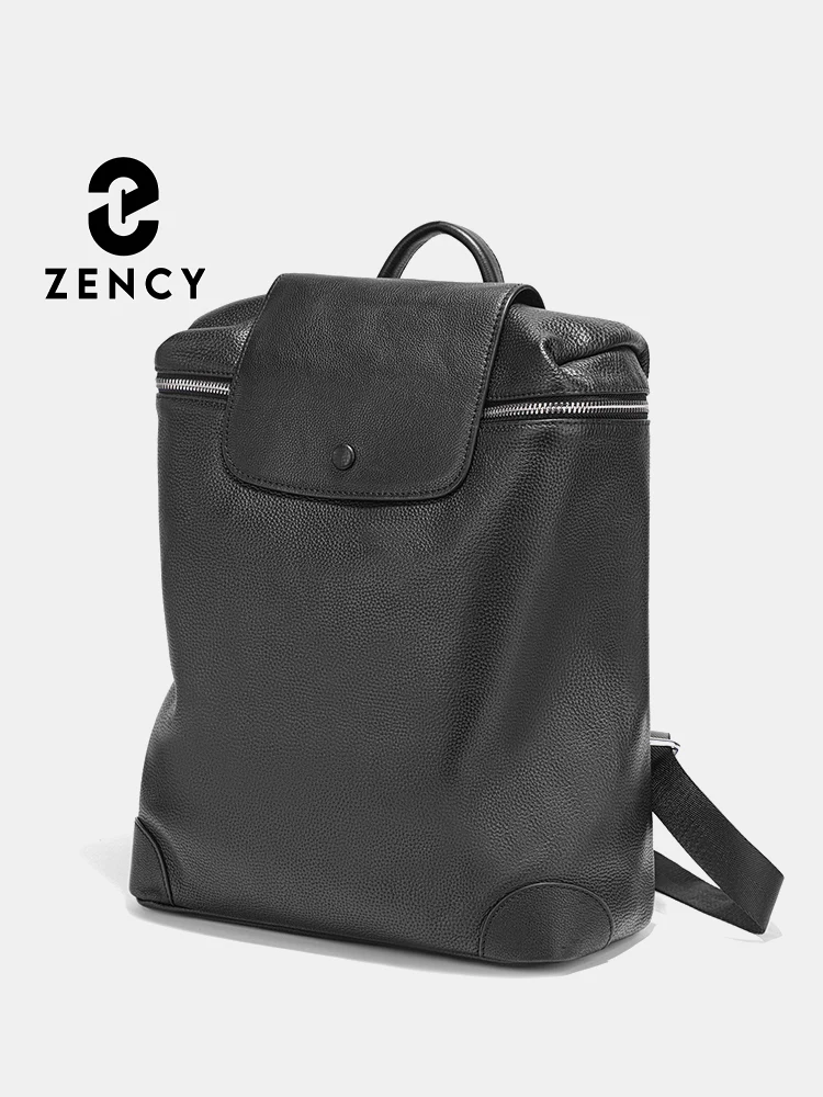 Zency Genuine Leather Backpack for Women Men Classic Black Bag Pack for laptop Work Shoulder Bag Top opening Anti theft Bags