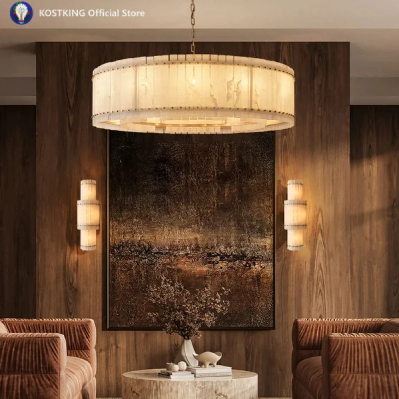 Upgrade Your Home With Our Exquisite American LED Round Alabaster Chandelier Crafted From Natural Marble Stone Dimming Function