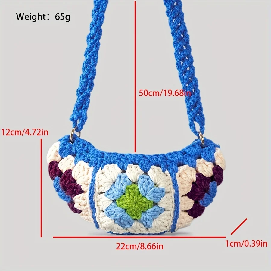 Bohemian Granny Square Crossbody Bags para mulheres, Designer Crochet Shoulder Bags, Hobos de malha, Messenger Bag, Small Phone Purses