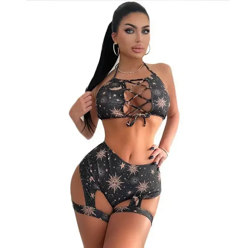 2-قطعة مجموعة البكيني مثير الشمس طباعة الأسود ملابس السباحة عالية الخصر ضمادة الجوف خارج عبر الأشرطة الحمالة عارية الذراعين ثوب السباحة 2025