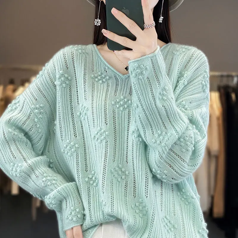 Women Autumn Fashion Hollow Out Loose Solid Color V-neck Long Sleeve Knitwear Women Clothes Simplicity All-match Knitting Tops