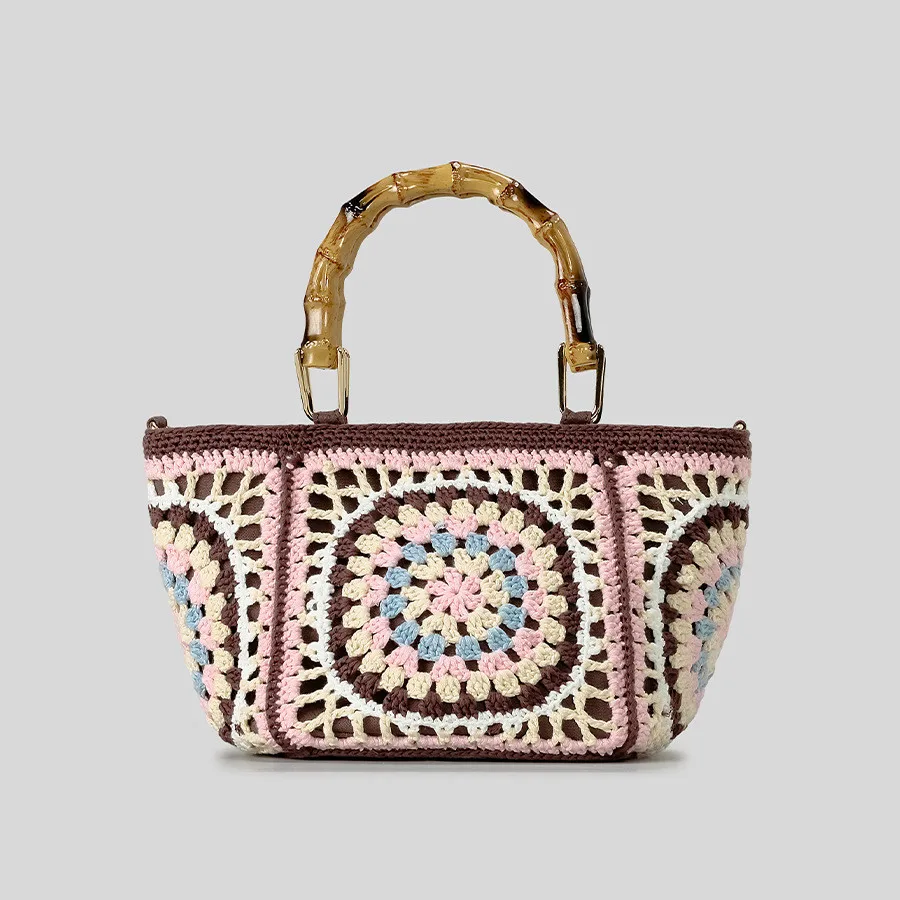 Lady bamboo Shoulder Bag Handmade Crochet Bag Woven Bag Fabric Strip Luxury Designer Handbag Purses for Women Tote Bags