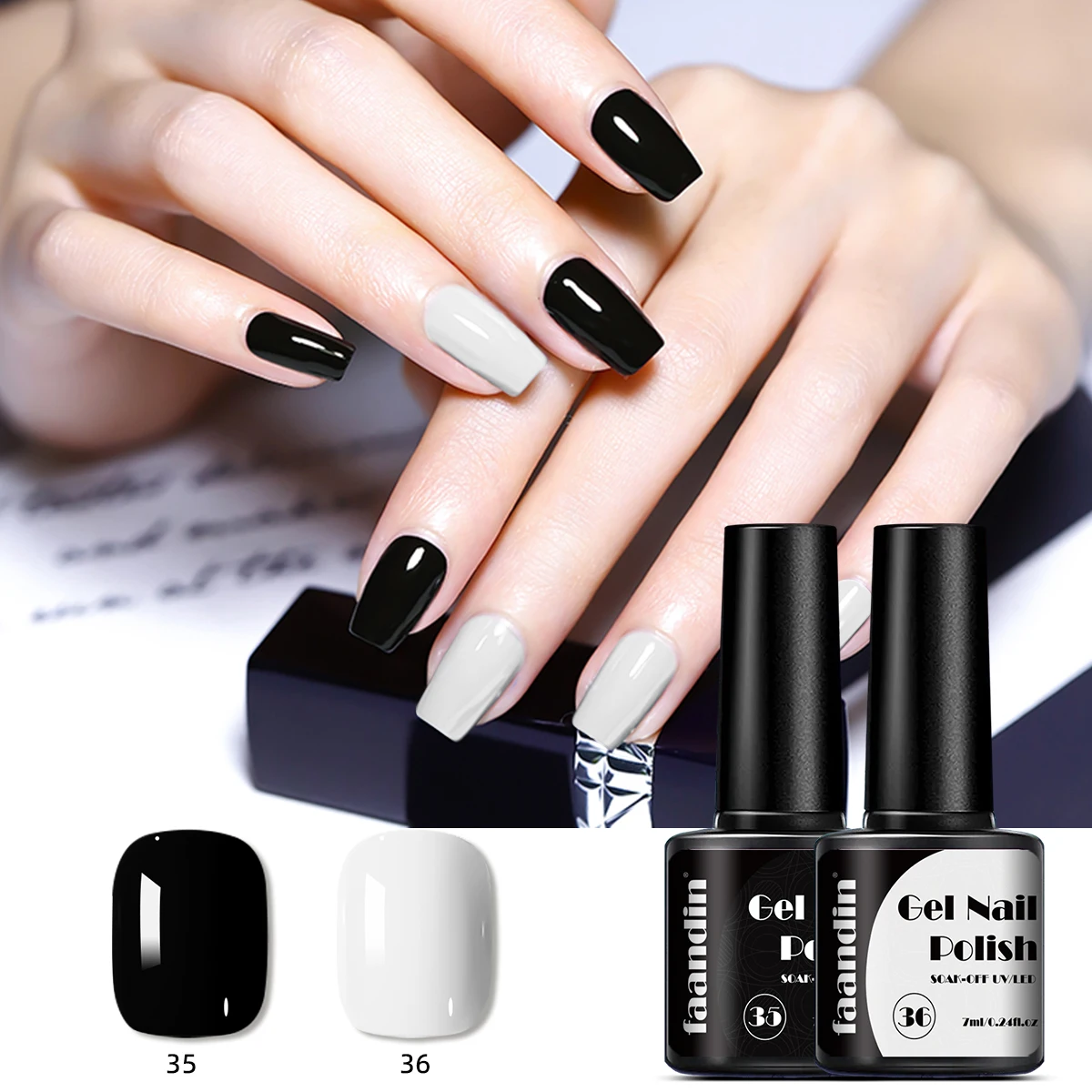 Faandin 7ml*1 Bottle, Classic Black, White, Solid Color Gel Nail Polish, Very Classic Colors, Versatile for Everyday Use, Rich Color, Long-Lasting and Wear-Resistant, a Must-Have Color for Nail Enthusiasts, Easy to Apply at Home, Essential for Photoshoots, Dates, and Salons, Nail Salon-Specific Gel Polish