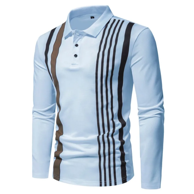 Autumn New Solid Stripe Design Polo Polo Polo Collar Men\'s Long Sleeve Shirt