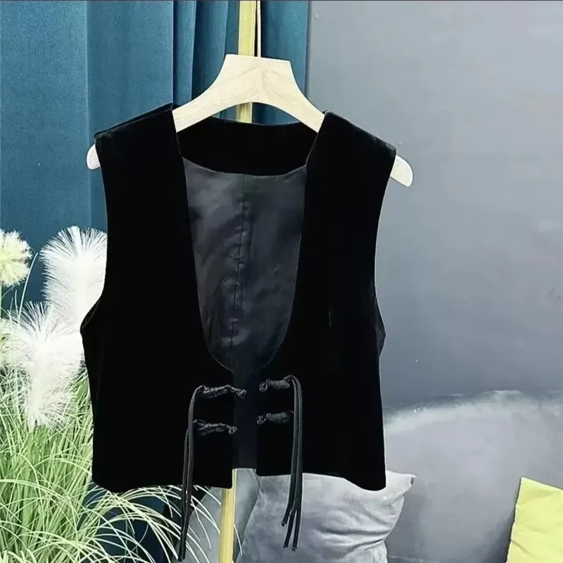

Korean Fashion High End Black Velvet Vest Jacket Women Retro Buckle Tassel Vest Coat Woman Versatile Short Tank Tops