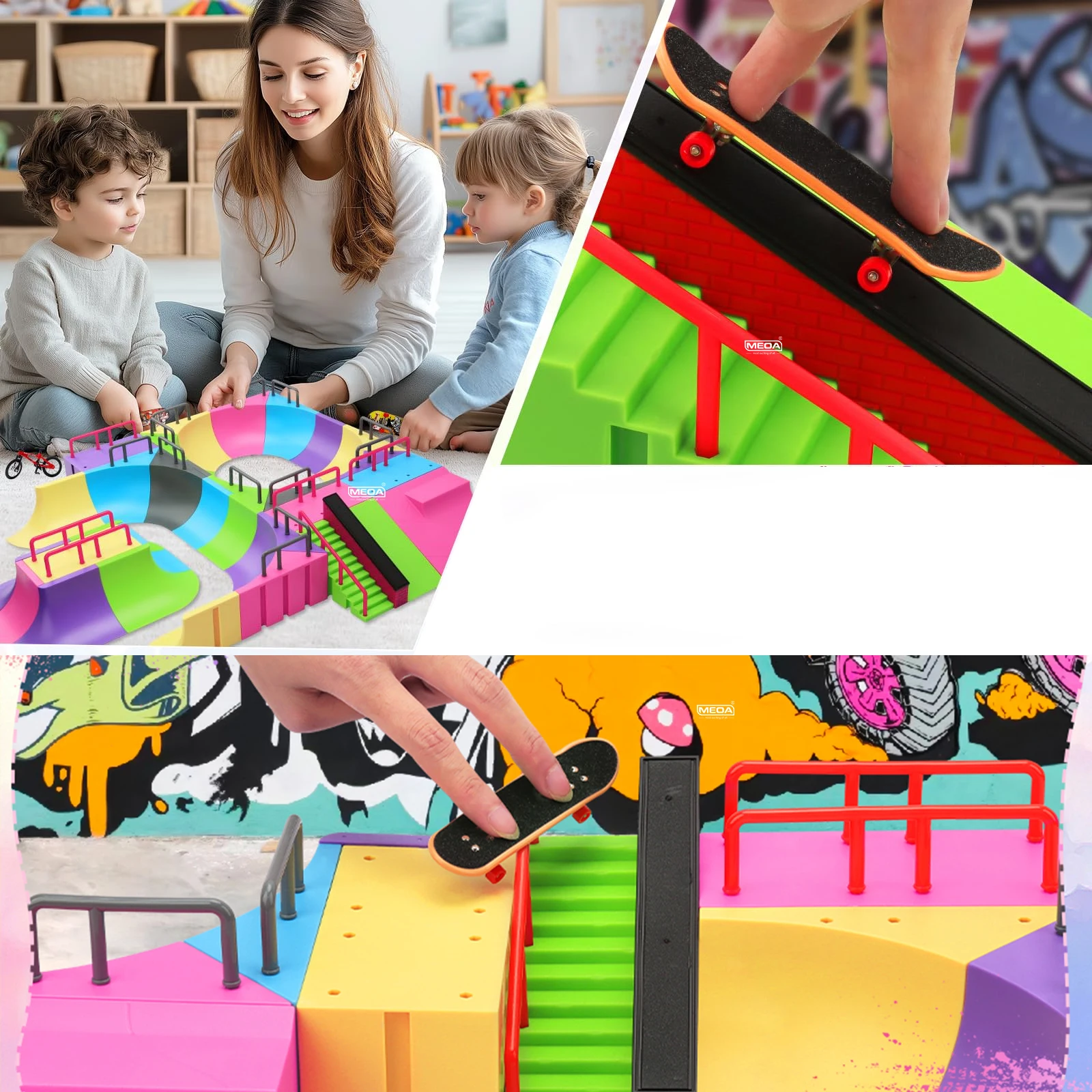 Combo parco con tastiera con rampa angolare roll-in e kit parco per skateboard con dita per scale con giocattoli da allenamento per parchi con dita per bici