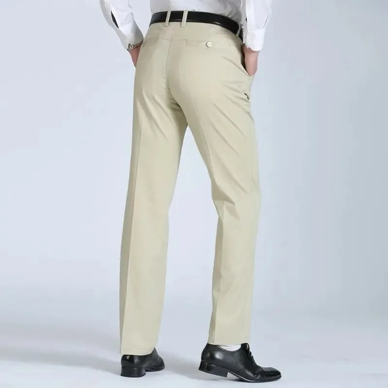 Mens Spring Summer Thin Suit Pants Middle-aged Cotton Slacks High Waist Straight Loose Solid Business Casual Father Dad Pants