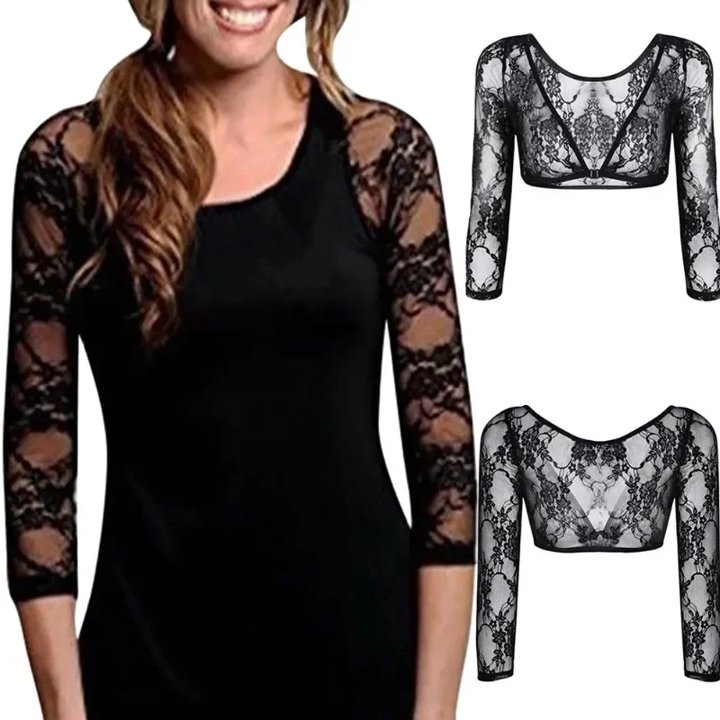 Popular Women Mesh Lace See Through Crop Tops Sheer Seamless Female Smooth Shaper Shirt Shrugs Perspective