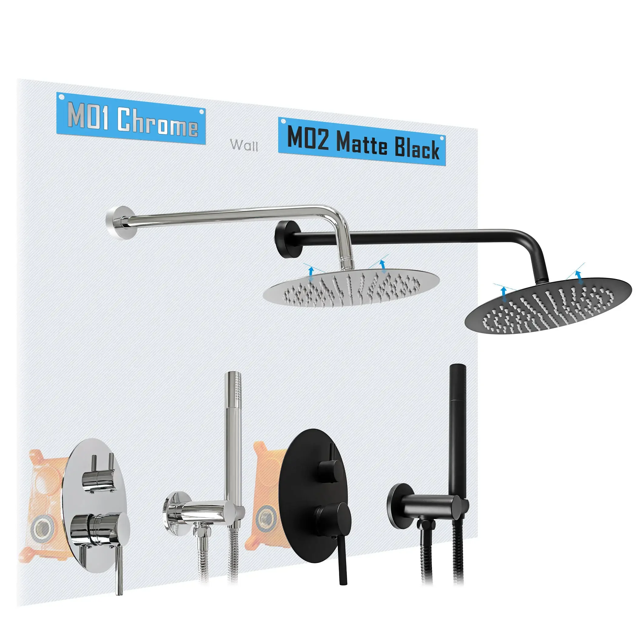 Shower System - Stainless Steel Top Rainfall Shower Head wIth Handheld Combo Set Holder Shower Arm and Hose Brass Valve Switch