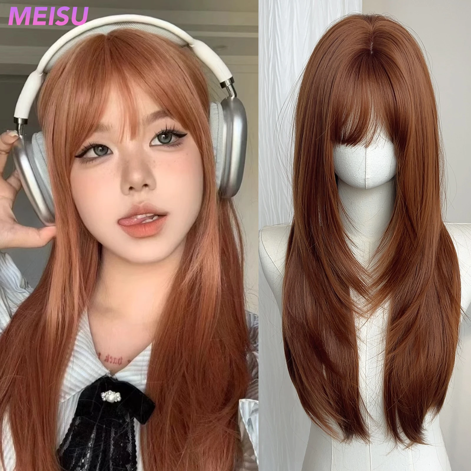 MEISU 26 بوصة الاصطناعية شعر مستعار مستقيم الانفجارات الهوائية الشعر البرتقالي مقاومة للحرارة الطبيعية وسلسة ارتداء اليومي للنساء