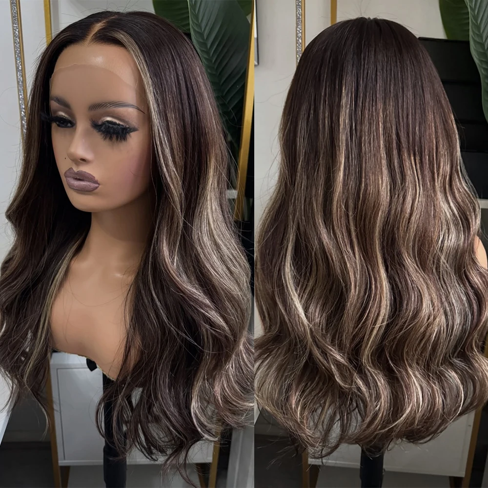 Brunette Highlights Synthetic Lace Front Wig for Women Dark Brown Heat Resistant Fiber Wigs Long Wavy Realistic Look Wig Girls