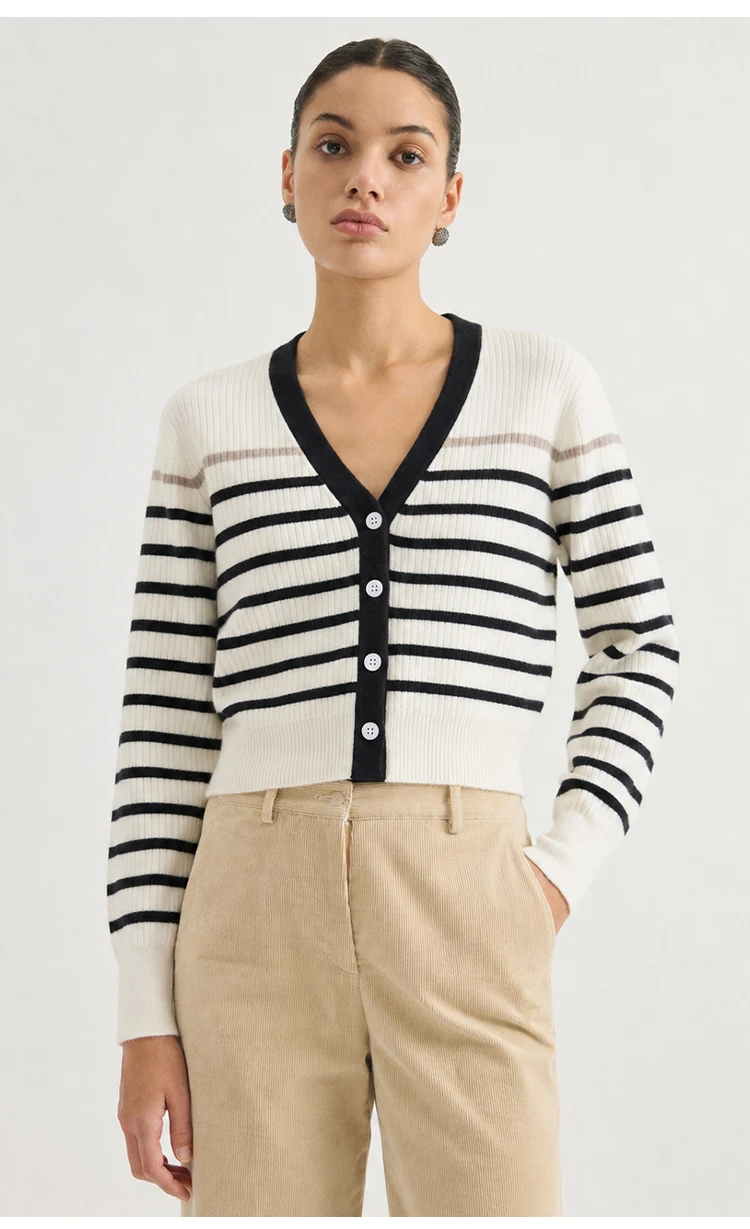 MZ62028 Damen Vintage Gestreifter V-Ausschnitt Gerippter Strick Langarm-Cardigan mit Kontrastbesatz Knopfleiste Modal-Mischung Frühherbst-Pullover – Detail 6