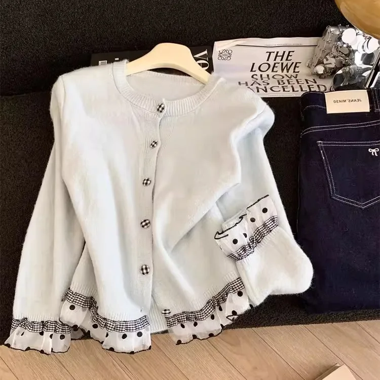 الكورية الحلو الدانتيل تقسم محبوك سترة سترة المرأة الخريف الشتاء فضفاض كسول Sle ort أعلى جولة Ne Long Sve #3