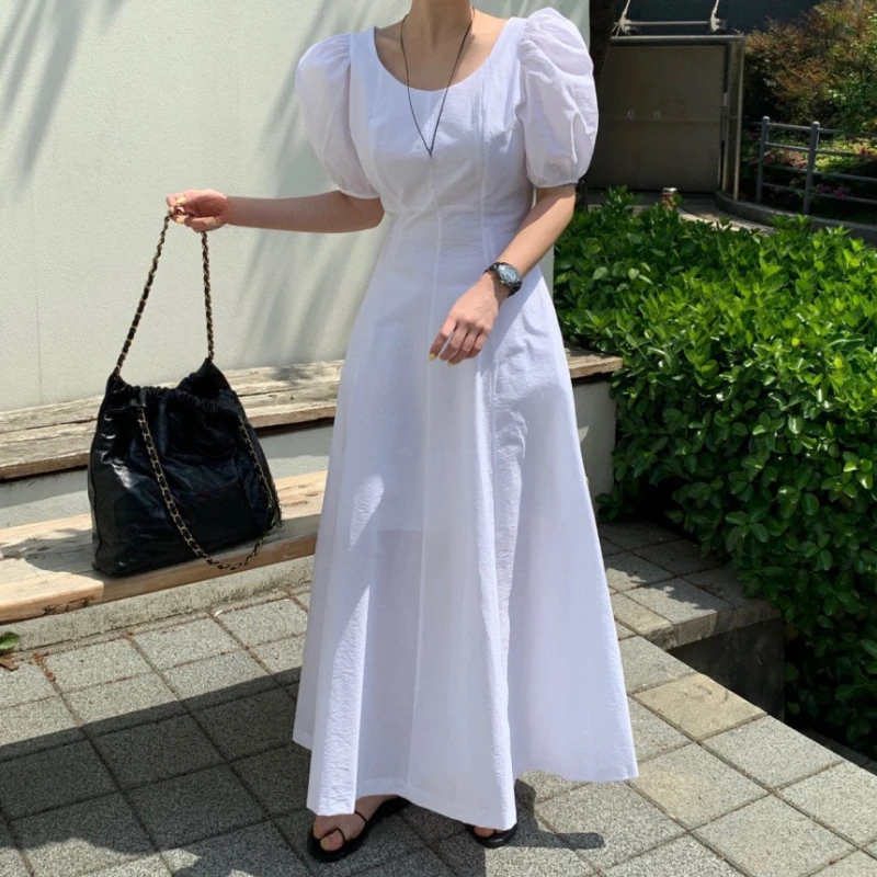 REALEFT الصيف نفخة الأكمام المرأة ألف خط فساتين طويلة 2025 جديد س الرقبة عالية الخصر النمط الفرنسي خمر فستان أبيض للنساء #1