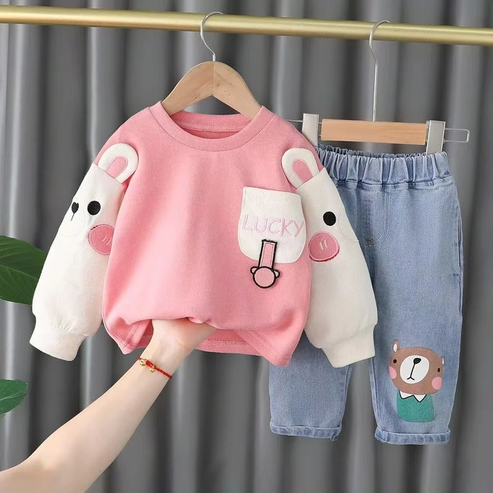 

Children's Clothing Spring New Boys And Girls Casual Long-sleeved Suit Baby Cute Jeans Two-piece Set To Ship Foreign Trade Tide