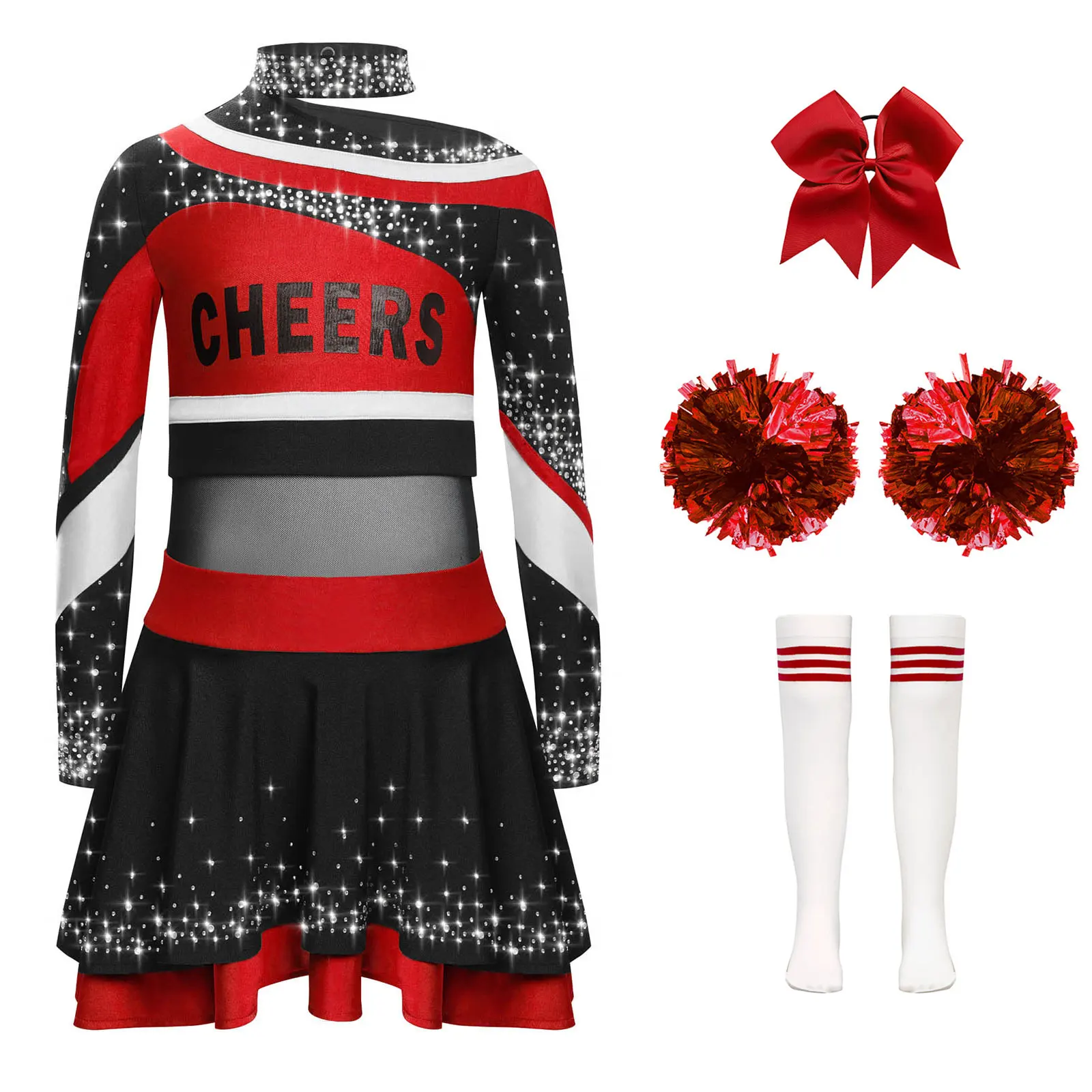 

Teen Girls Cheerleading Outfits Cheerleader Costume Letter Print Rhinestones Shirt Top with Tutu Skirt Ballet Dance Leotards Set