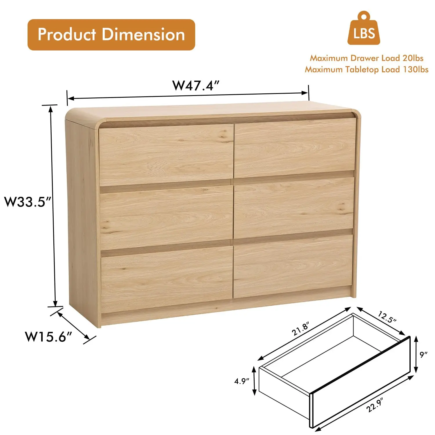 6 Drawer Bedroom Dresser Curved Edge Modern Chest 47