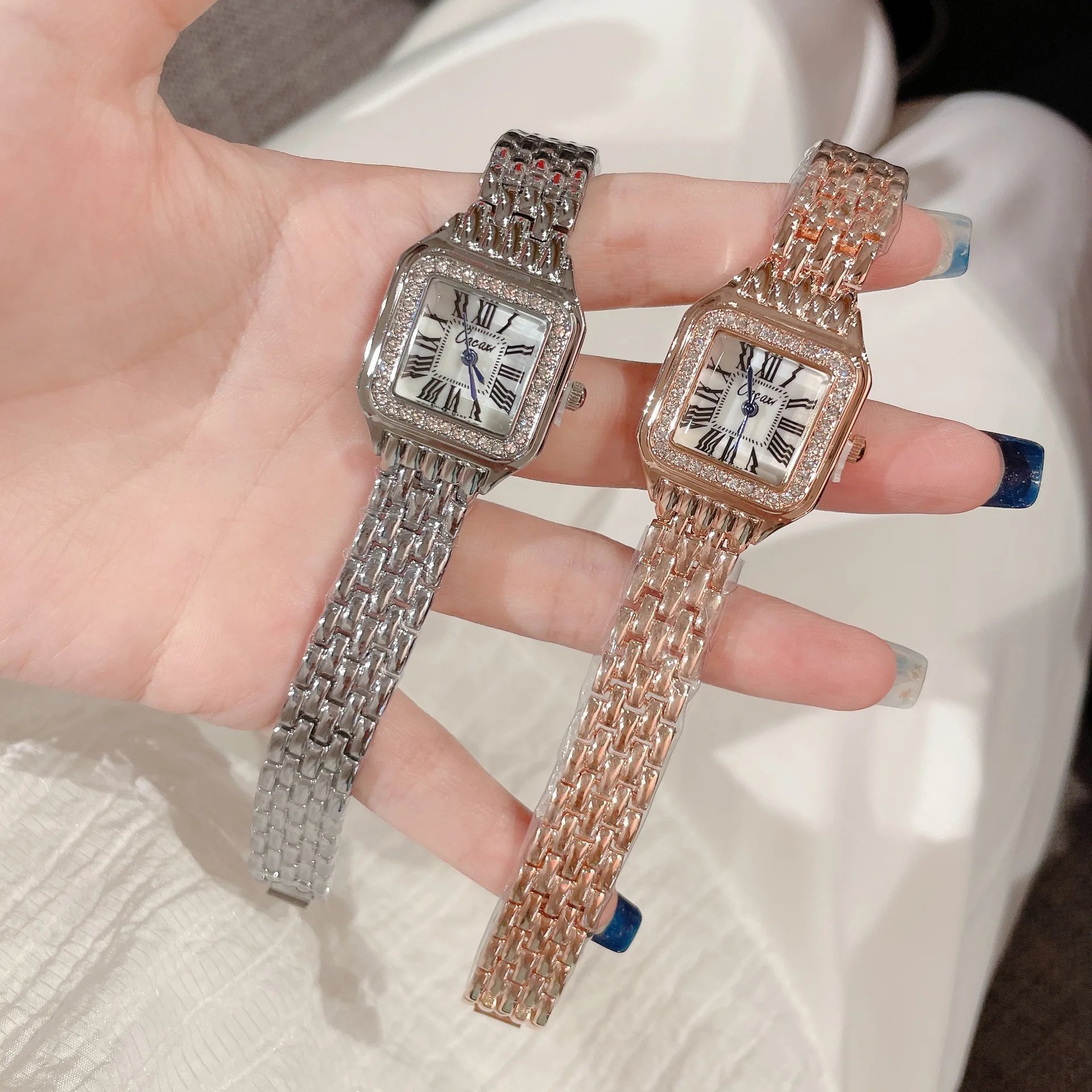 KAIRIS Women's Square Quartz Watch Roman Numeral Dial Rhinestone Bezel Elegant Metal Bracelet Fashion Wristwatch