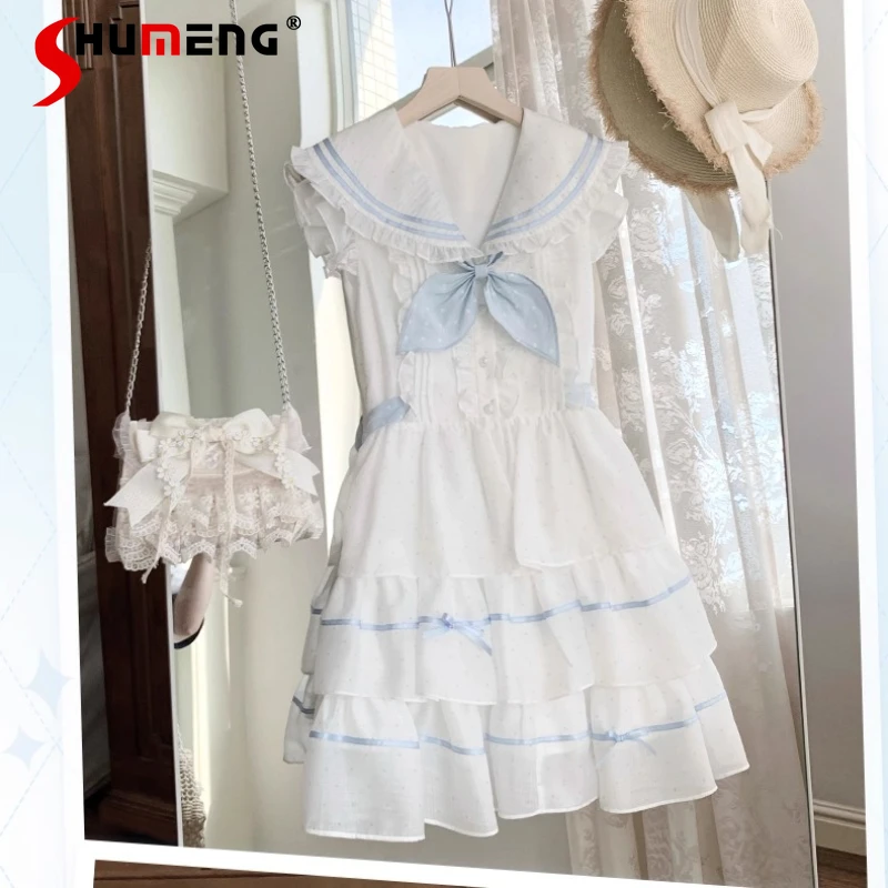 

Original Sweet Design Nautical Style Sleeveless Dress With Bowknot Flutter Sleeves And Layered Puff Dresses For Women's Clothing