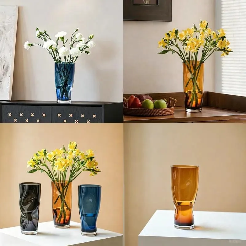 Nordic simple modern high-end hand-blown solid color crystal glass vase ornament living room decoration straight shape