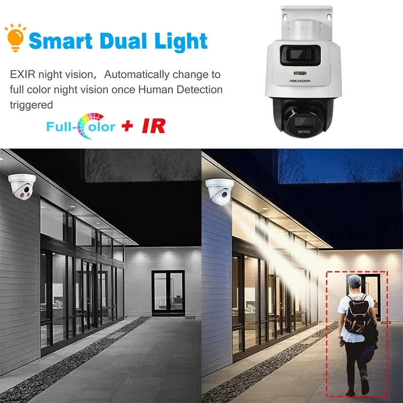 Hikvision DS-2SE2C400MWG-E/14 POE Color TandemVu 4MP + 4MP عدسة ثابتة PT كاميرا شبكة مراقبة Hik-Connect نظام CCTV ضوء هجين ذكي