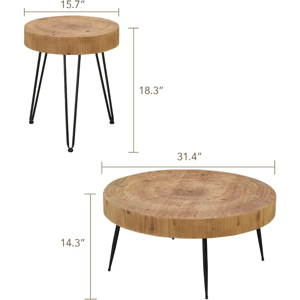 Farmhouse Round Coffee Table Set of 2 Furniture Modern Circle Natural Wood Finsh Side and End Table Sets for Living Room Tables