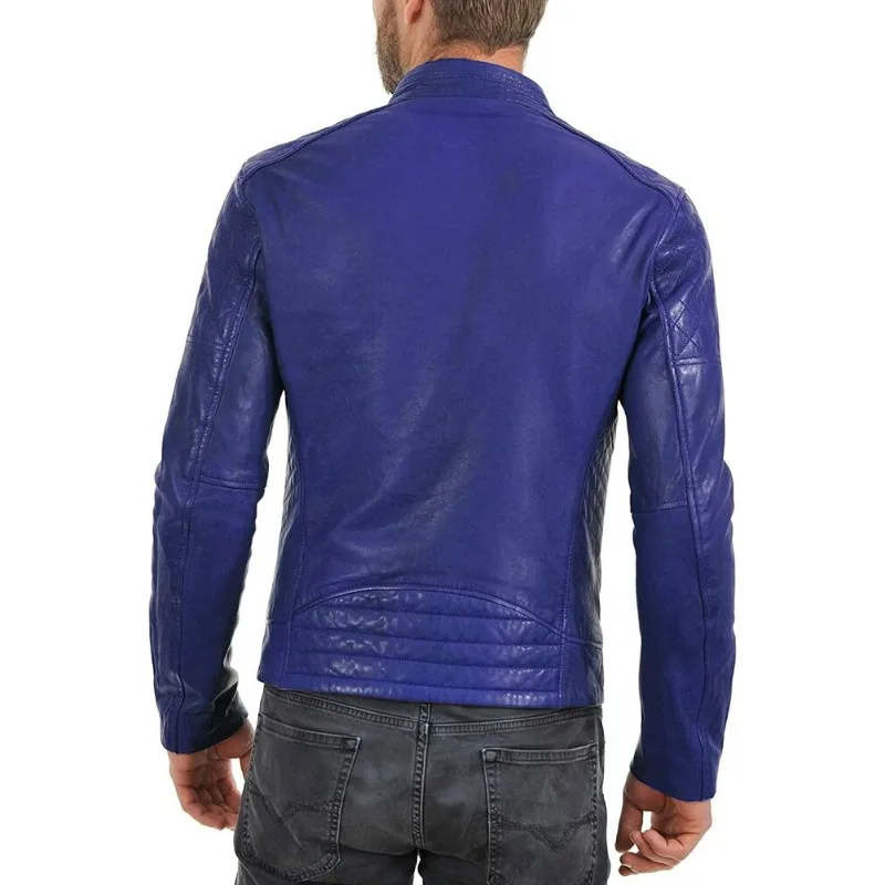 Men's Genuine Sheepskin Leather Jacket Motorcycle Biker Blue Stylish Open Front