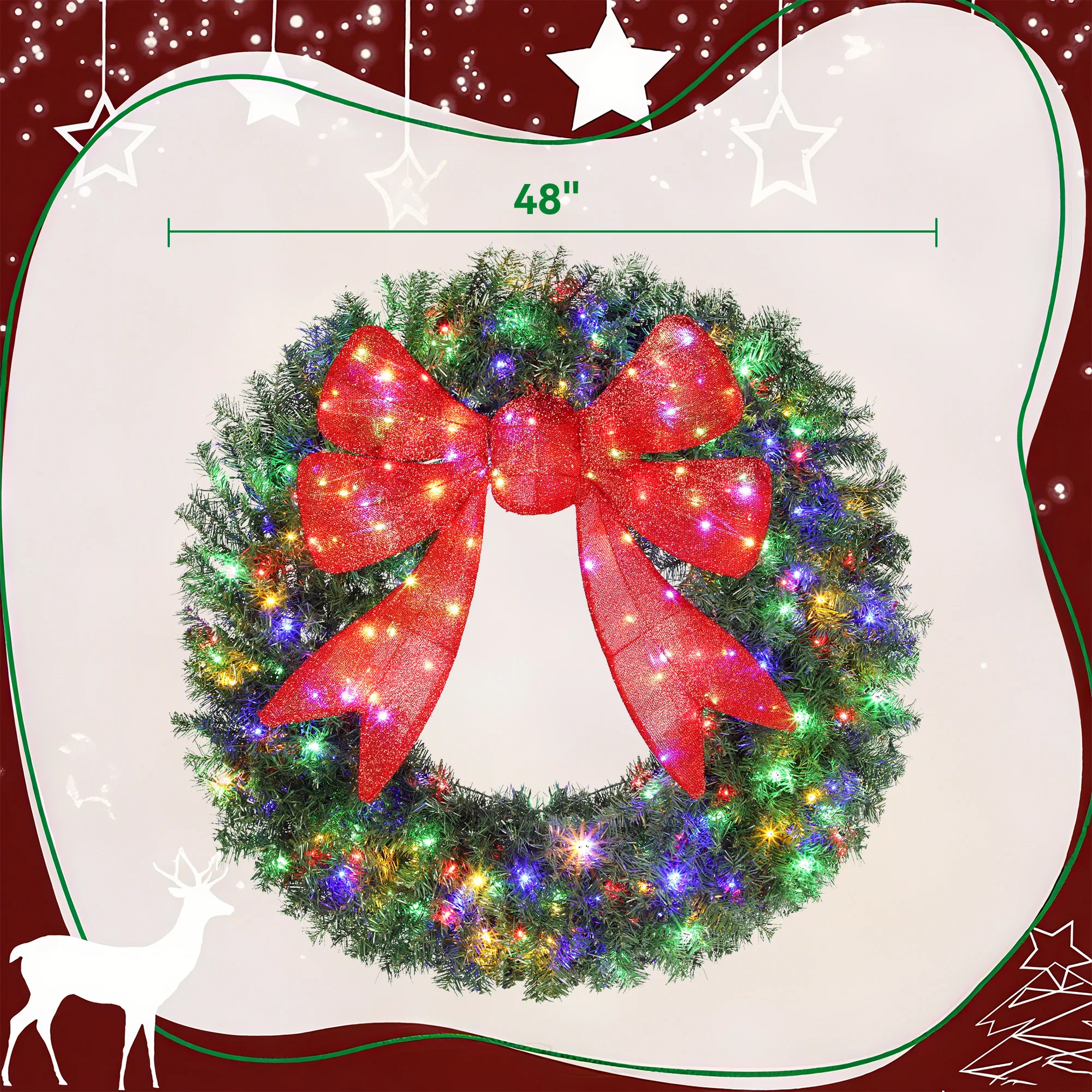 HOMCOM 48in Flocked Pre-Lit Artificial Christmas Wreath with 3D Red Bow 3