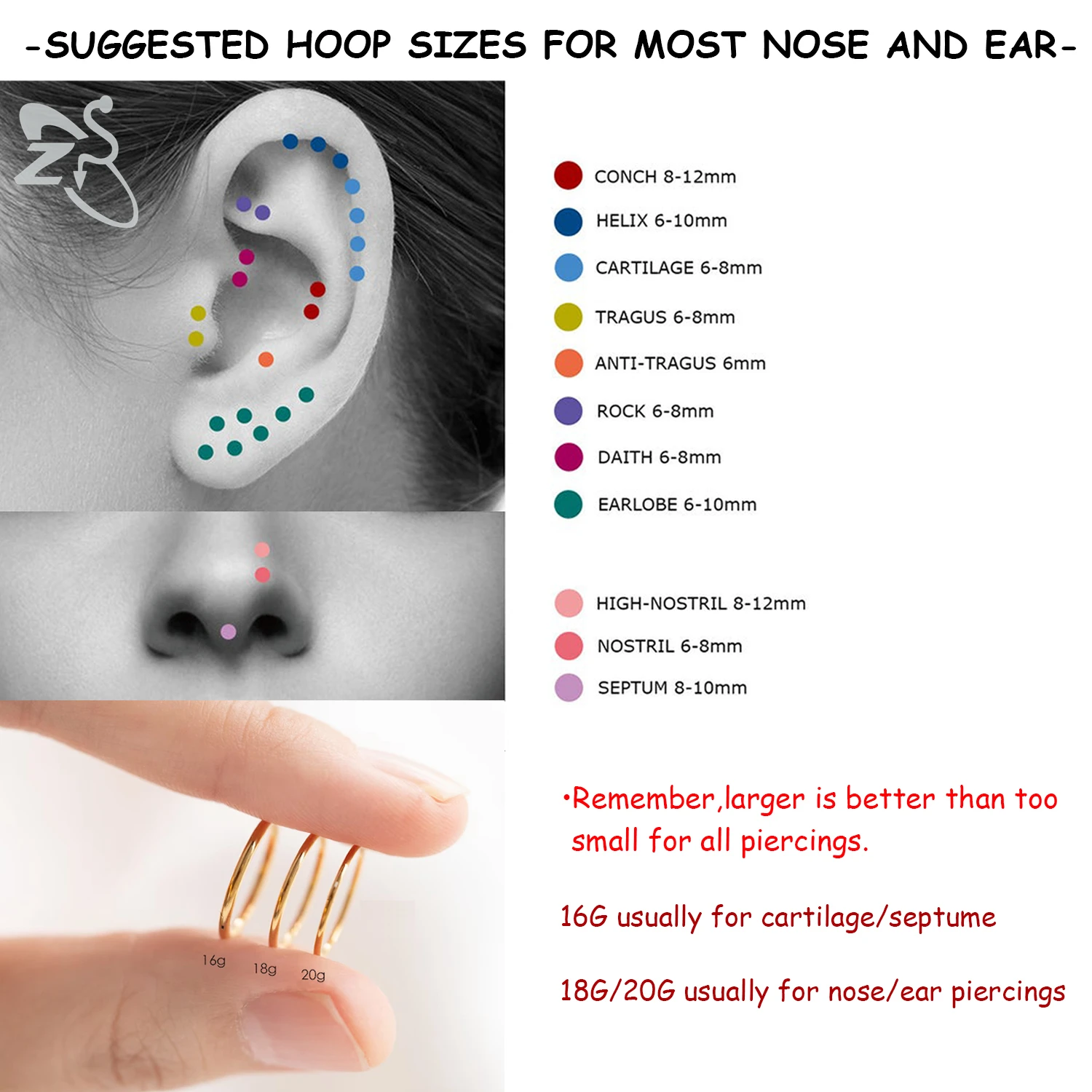 ZS 1-2pc/lot Colorful 316L Stainless Steel Hoop Nose Ring Men 20/18/16G Septum Rings Cartilage Tragus Helix Rook Piercing 6-10MM