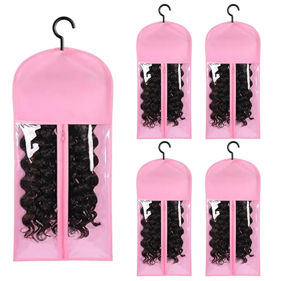 

5 Groups Wig Storage Bags with Transparent Dust-Proof Covers and Durable Hangers(5Dust Covers + 5 Hangers)
