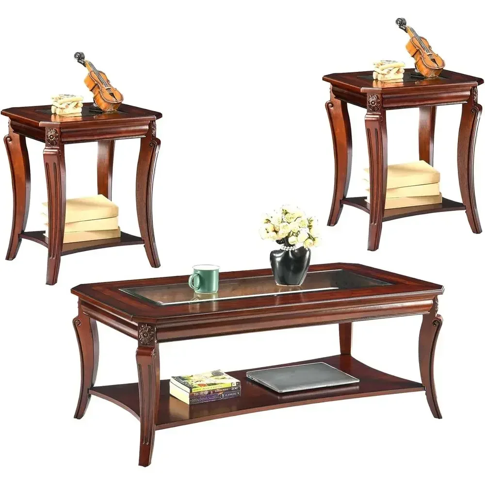 3-Piece Living Room Table Set with Tempered Glass Top - Coffee and End Tables, Carved Wooden Legs, Cherry Brown Finish