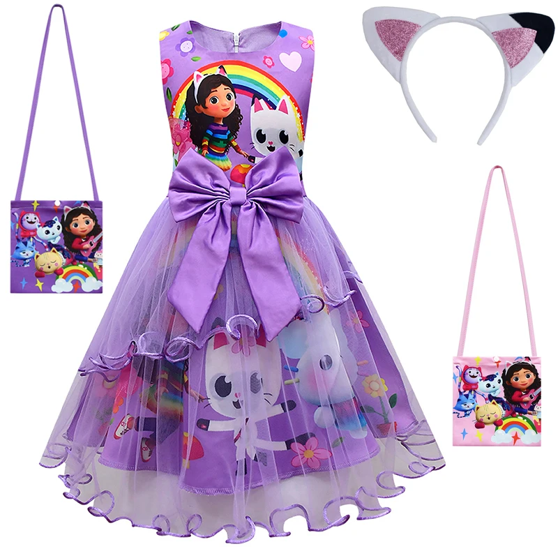

Summer Kids Clothes Gabby's Dollhouse Girls Princess Dress Bow Print Gabby Cat Children Birthday Gift Halloween Costume