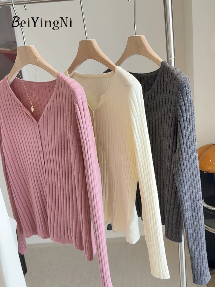 Beiyingni Female Cardigans Autumn Winter Korean Fashion Women's Single-breasted Sweater Plain Outwear Street 2025 Knitted Tops