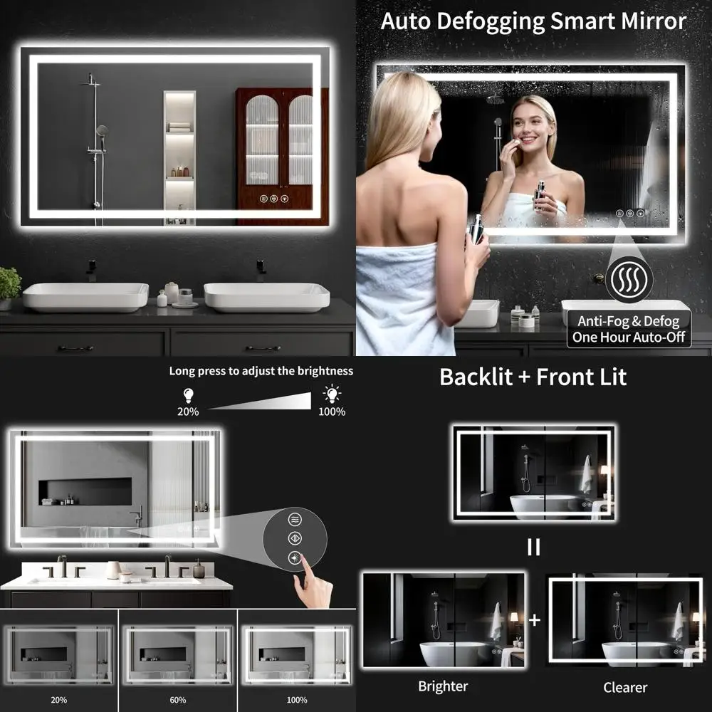 

48x32 Inch LED-lit Bathroom Vanity Mirror with Dimming, Anti-Fog, Tempered Glass, and Memory Function