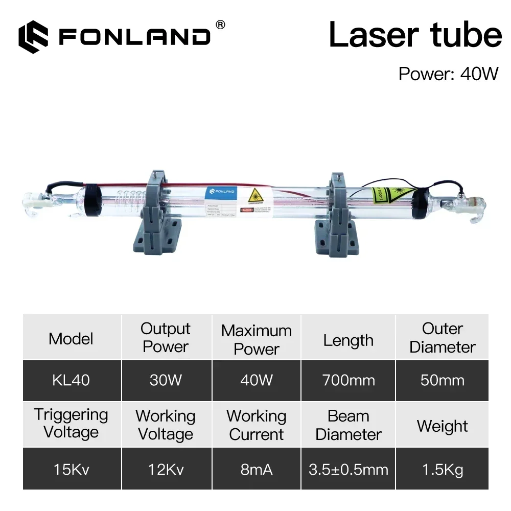 Imagem -05 - Fonland Tubo Laser Co2 40w Comprimento 700 mm Lâmpada Laser de Vidro para Máquina de Corte e Gravação a Laser Co2 Série K40 Garantia de Danos