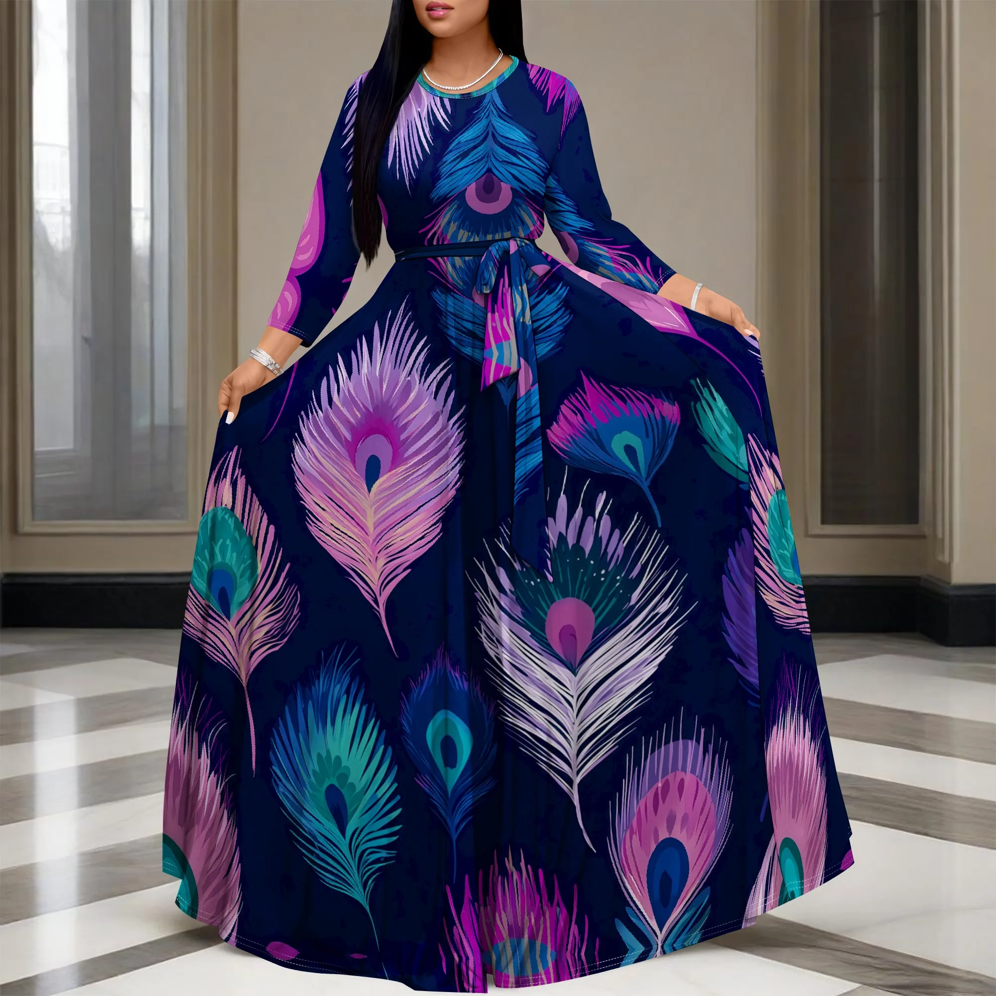 

Women's Elegant Peacock Feather Print Maxi Dress O-Neck Long Sleeve High Waist A-Line Party Dress for Cocktail Evening XS-3XL