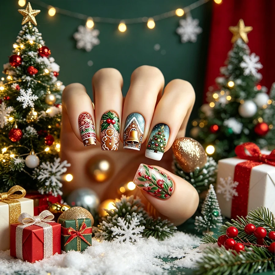 24-Piece Christmas Nude Short Square Round Press-On Nail Set, Gingerbread Man, Christmas Tree, Bell, Little House Fake Nails, Includes Jelly Glue, Nail File, Removable Nail Patches