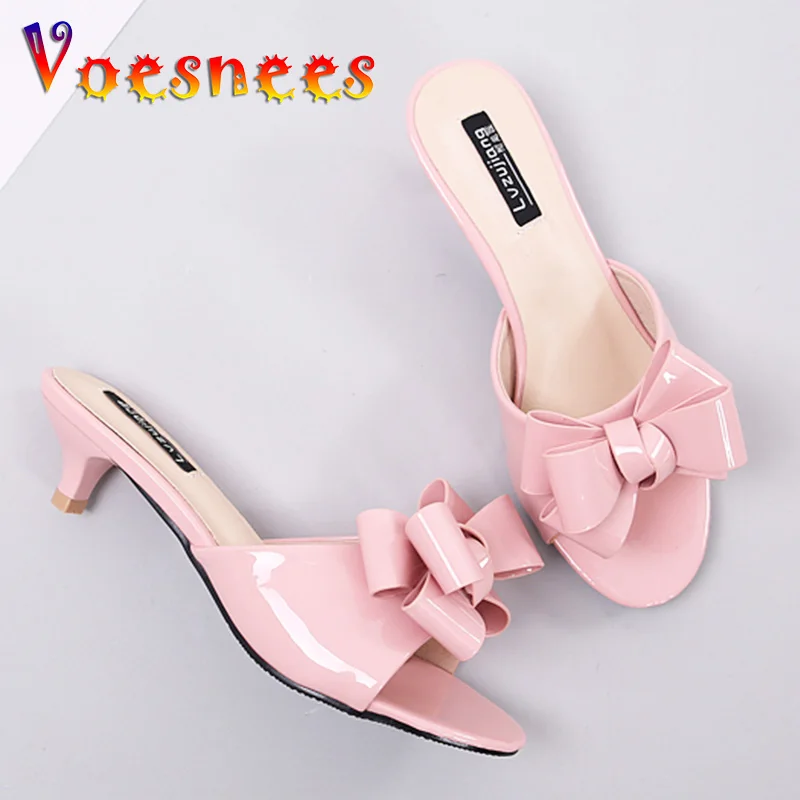 Slippers Female Summer 2022 New Outside Wear Korean version of high heel Medium Heel Thin Heel Bow Fishmouth one word sandals