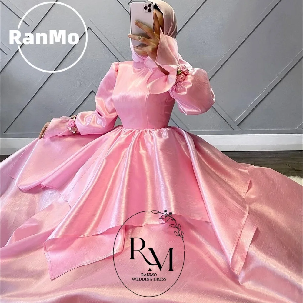 Ranmo Abendkleider Muslimisch Neu Hochgeschlossenes Langarm-Ballkleid Rosa Hochzeitsgast-Partykleid Maßgeschneiderte Roben de Soirée