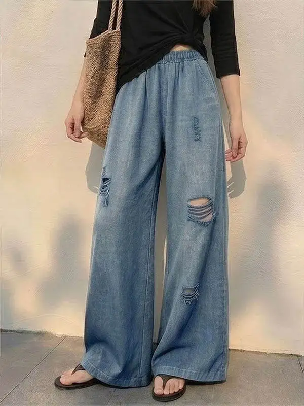 High Waist Wide Leg Jeans Women's Loose Blue Casual Pants Torn Denim Slimming Ladies' Jeans Autumn 2026 Fashion Casual Wear