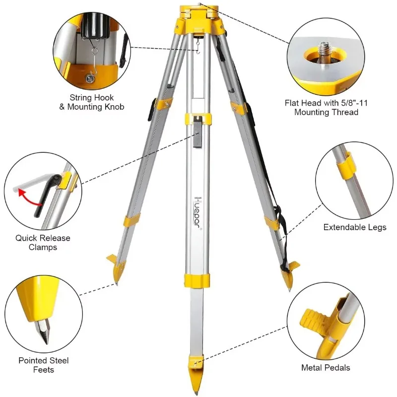 Huepar M3Y do tachimetru, automatycznego poziomu optycznego, laser obrotowy, aluminiowy statyw teleskopowy z płaską głowicą o dużej wytrzymałości