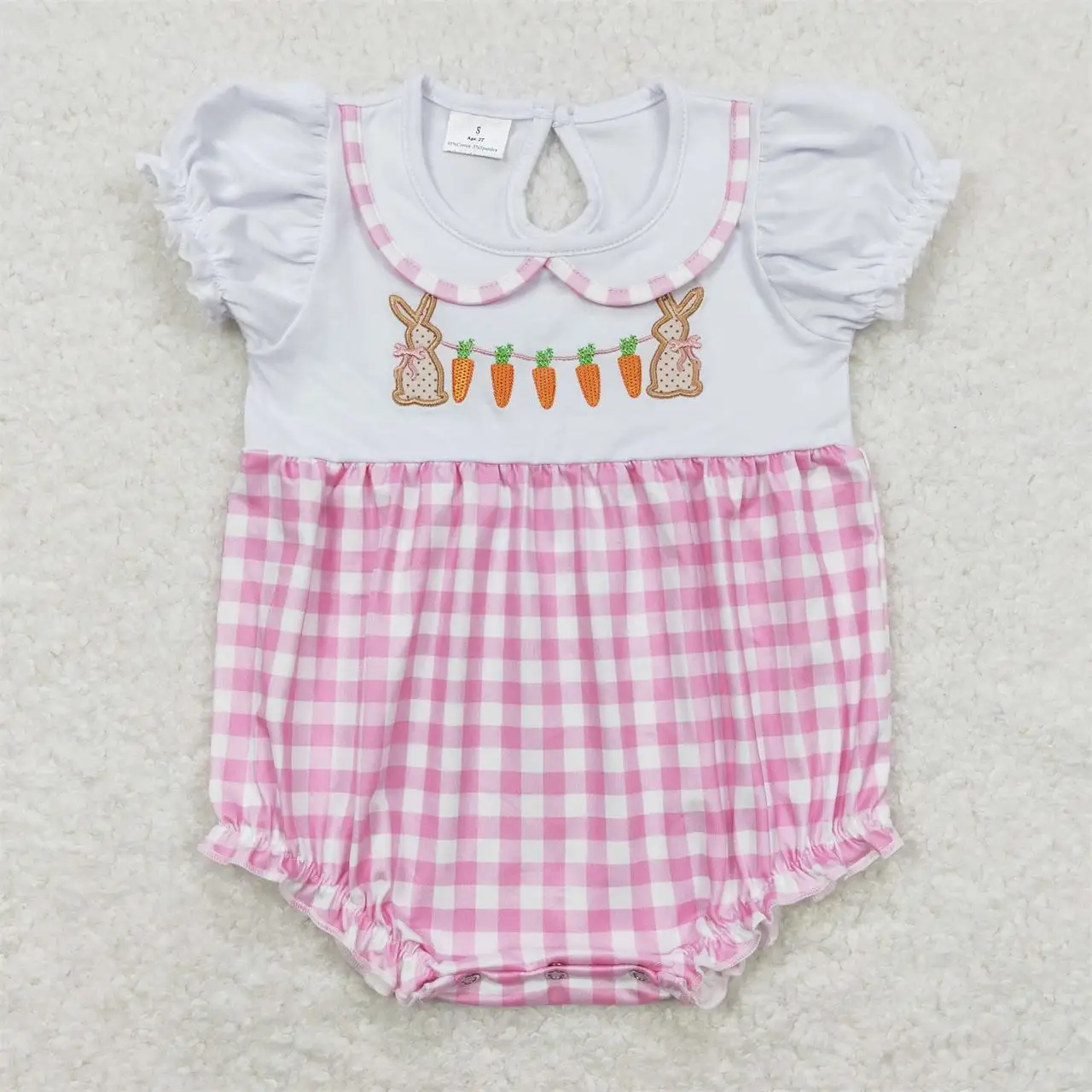 Wholesale Children Kids Toddler Embroidery Rabbits Carrots Newborn Easter Plaid Short Sleeve Romper Baby Boy Girl Bubble Clothes