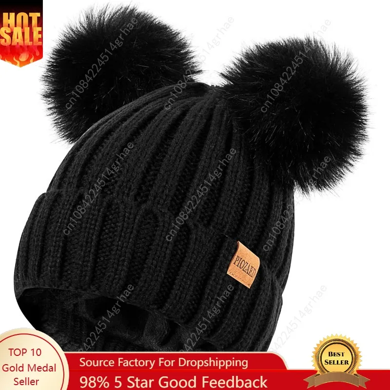 

Women's Winter Warm Knit Beanie with Faux Fur Pom Skull Cap Cozy Fleece Lined Hat for Women